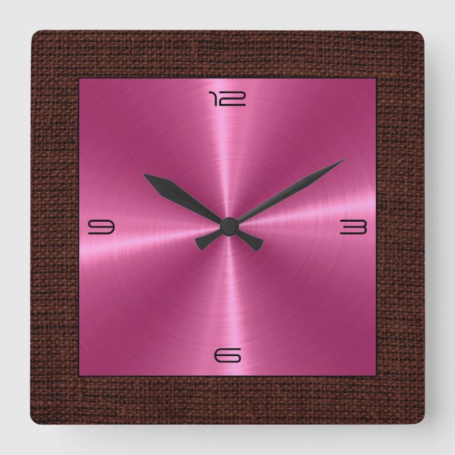 Pink Stainless Steel Modern Burlap Border Square Wall Clock (Front)