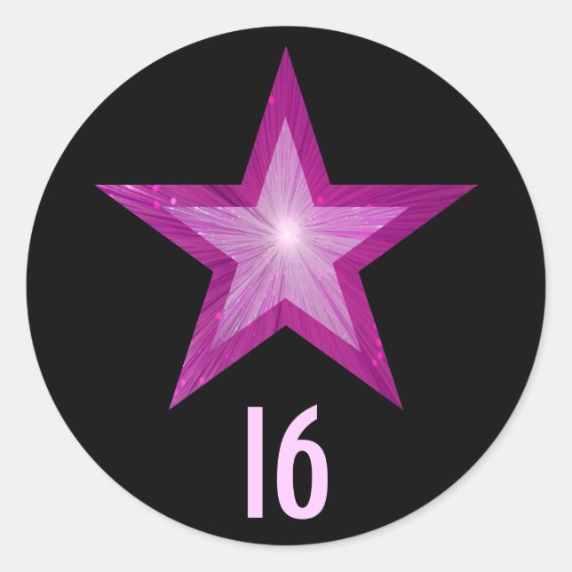 Pink Star "16" age round sticker black (Front)