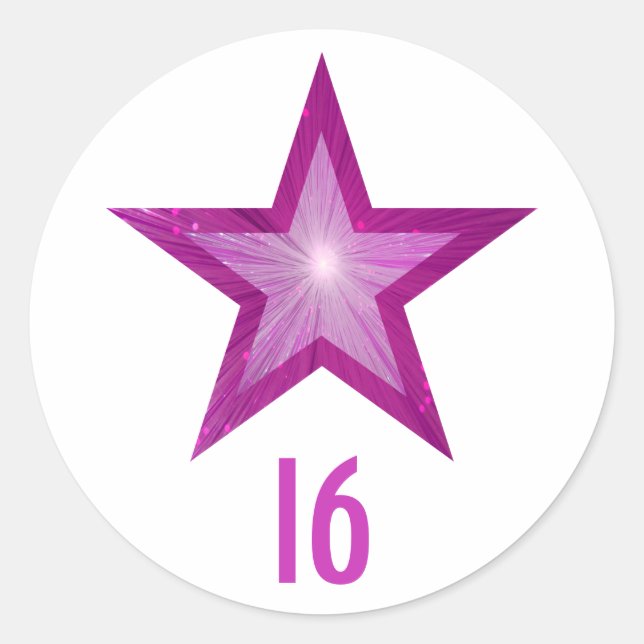 Pink Star "16" age round sticker white (Front)