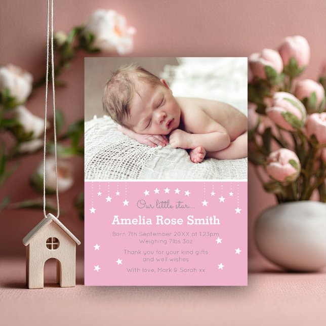 Pink Star Baby Girl Birth Announcement (A sweet way to introduce your little star 🌟 Personalize this pink photo announcement to share your )