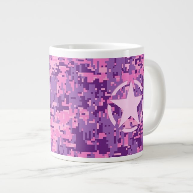 Pink Star Deco on Digital Camo Style Large Coffee Mug (Front Right)