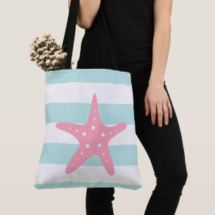 Pink Star Fish on Mint Stripes Tote Bag