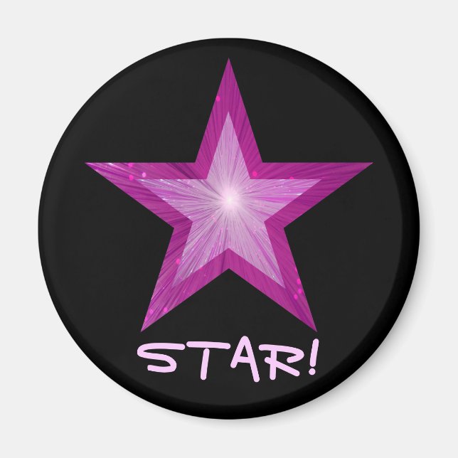 Pink Star fridge 'STAR!' magnet round black (Front)