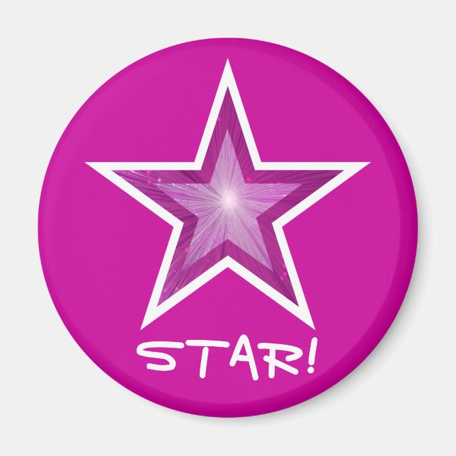 Pink Star fridge 'STAR!' magnet round pink (Front)