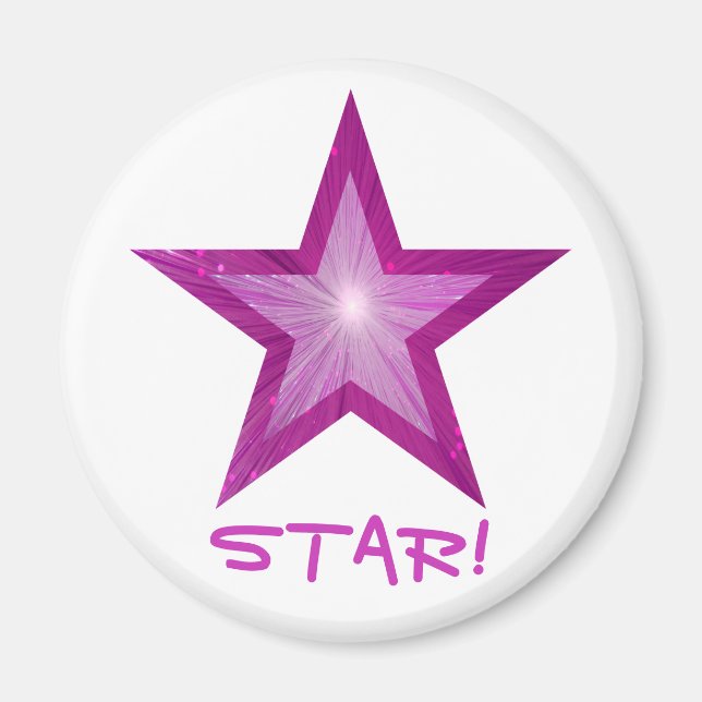 Pink Star fridge 'STAR!' magnet round white (Front)