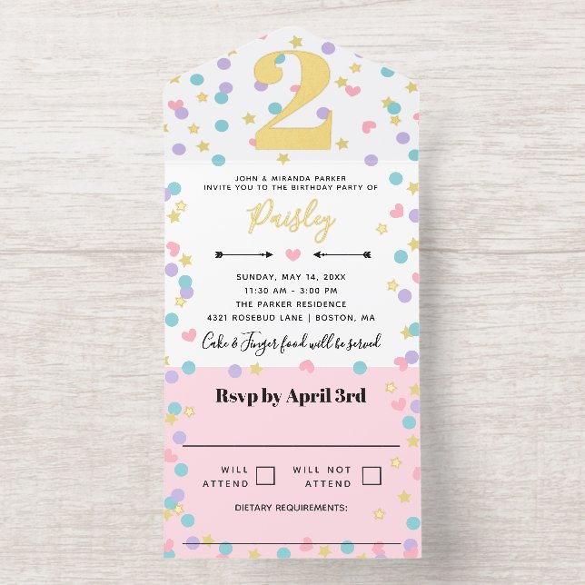 Pink Star Heart Dot Confetti Toddler Kid Birthday All In One Invitation (Inside)