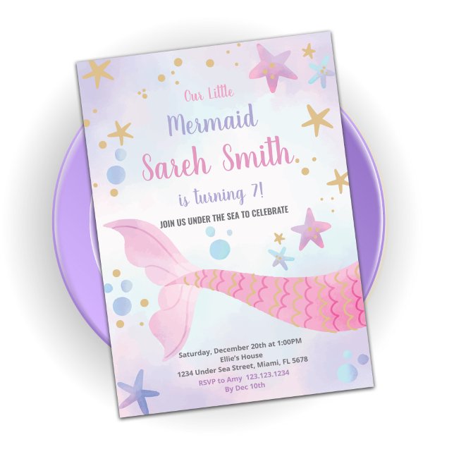 Pink Star Mermaid Tail Birthday Invitations (Creator Uploaded)