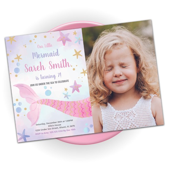 Pink Star Mermaid Tail Birthday Invitations Photo (Creator Uploaded)