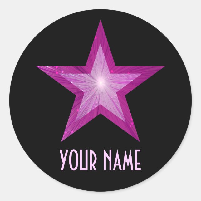 Pink Star 'Name' round sticker black (Front)
