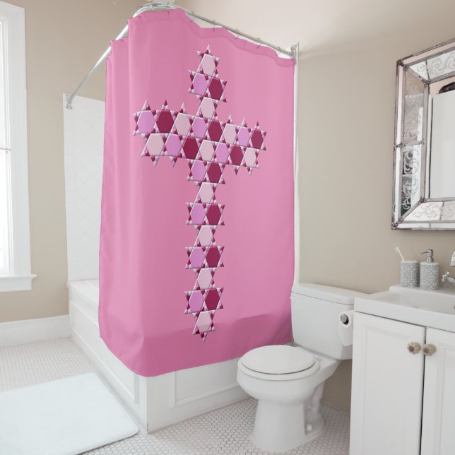 Pink Star of David Cross Optical Illusion Shower Curtain (In Situ)