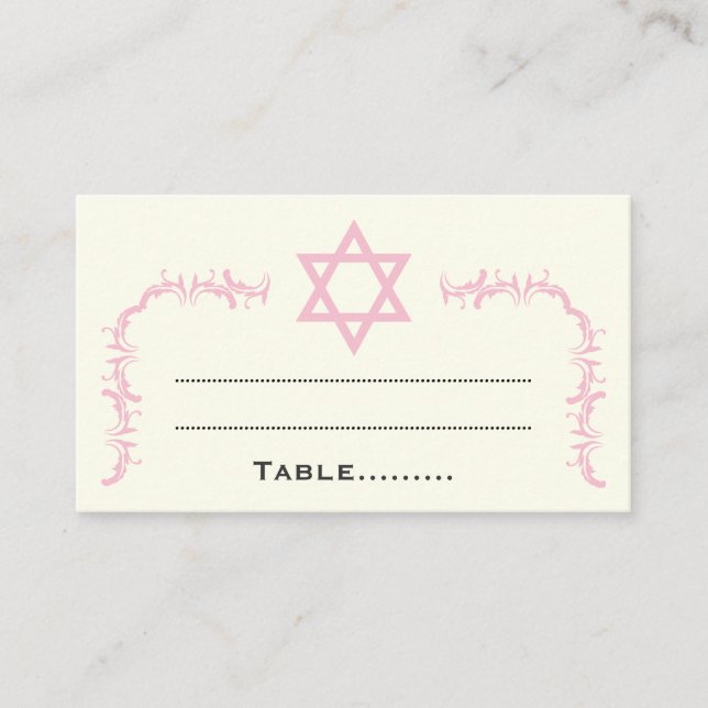 Pink Star of David damask Bat Mitzvah place card (Front)