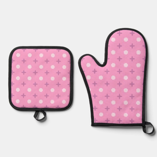 Pink Star Petal Dot Pattern Oven Mitt & Pot Holder Set (Front)