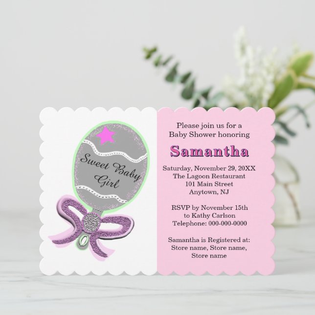 Pink Star Silver Rattle Baby Shower Invitation (Standing Front)