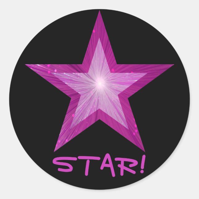 Pink Star 'STAR!' round sticker black (Front)