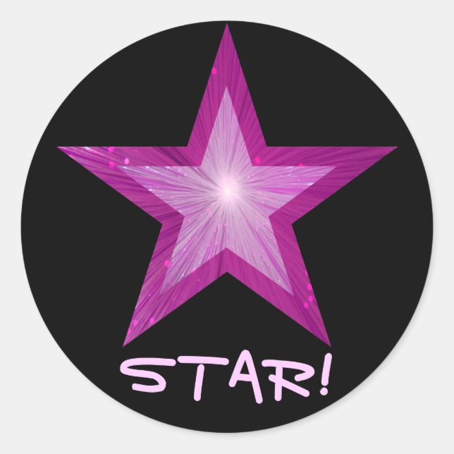 Pink Star 'STAR!' round sticker black (Front)