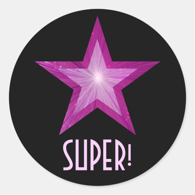 Pink Star 'SUPER!' round sticker black (Front)