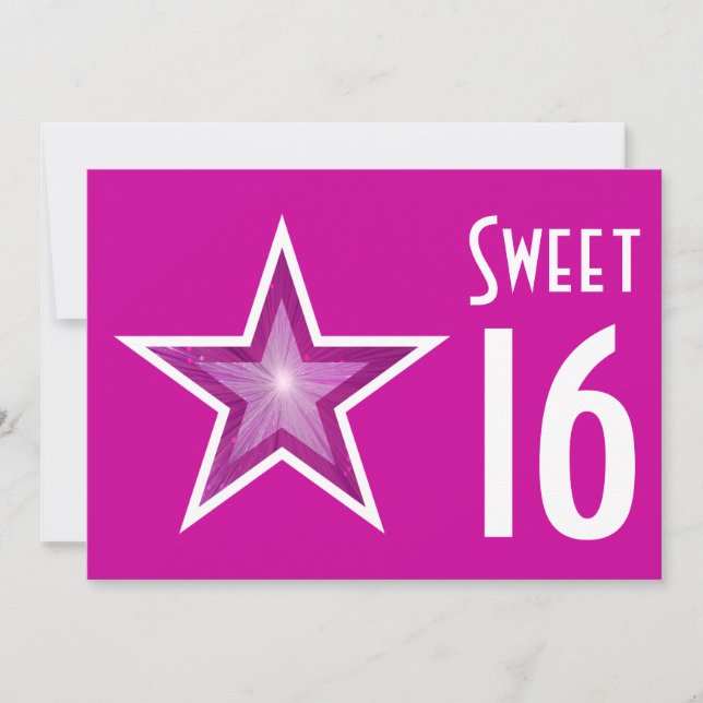 Pink Star 'Sweet 16' invitation pink horizontal (Front)