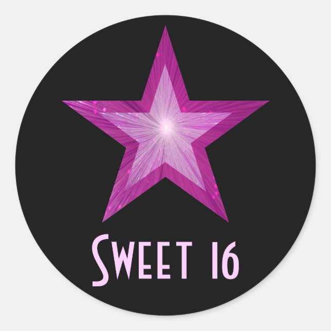 Pink Star 'Sweet 16' round sticker black (Front)
