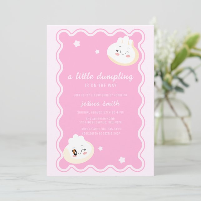 Pink Star Wave Frame Chinese Dumpling Baby Shower  Invitation (Standing Front)