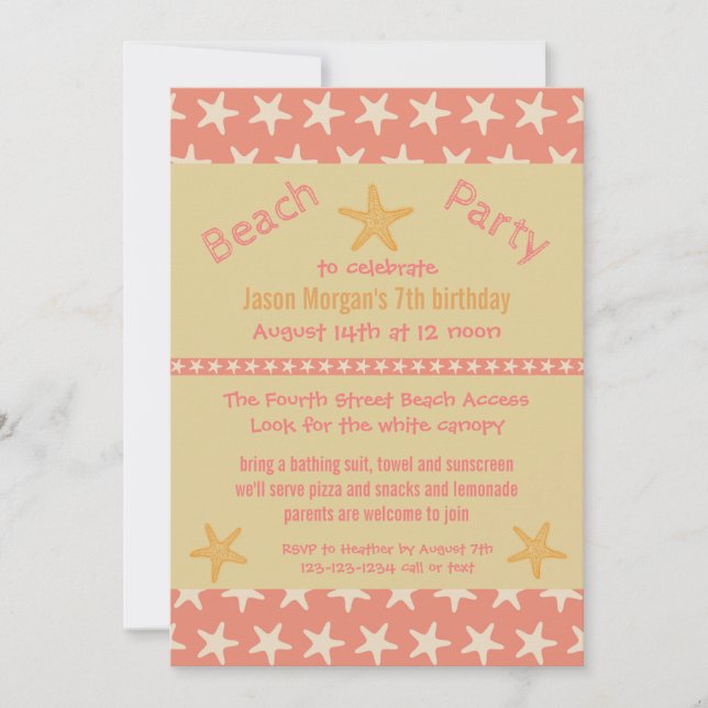 Pink Starfish Beach - Birthday Party Invitation (Front)