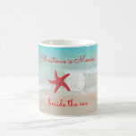 Pink Starfish Christmas Beach Saying Coffee Mug<br><div class="desc">Beach Christmas saying mug with pink starfish and white sand dollar.  Beach scene with bright pink custom text.  "Christmas is Merrier beside the sea" can easily be changed of deleted.</div>