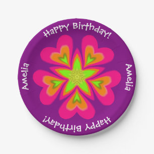 Pink StarFlower Happy Birthday Monogram Party Paper Plate