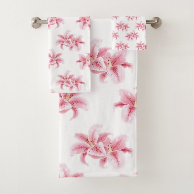 Pink Stargazer Lilies Bath Towel Set (Insitu)