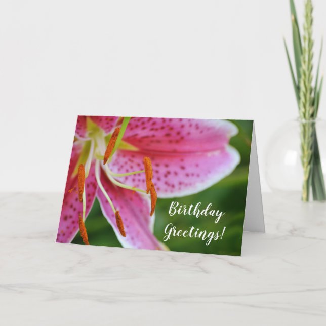 Pink Stargazer Lily Flower Birthday Card (Front)