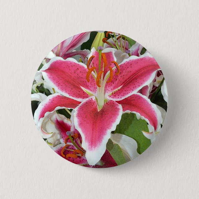 Pink stargazer lily flowers 6 cm round badge (Front)