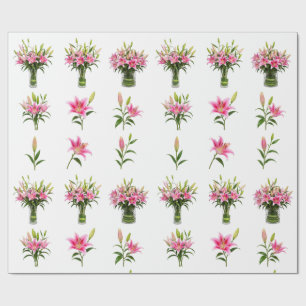Pink Stargazer Lily Vase Bouquet Botanical Wrapping Paper