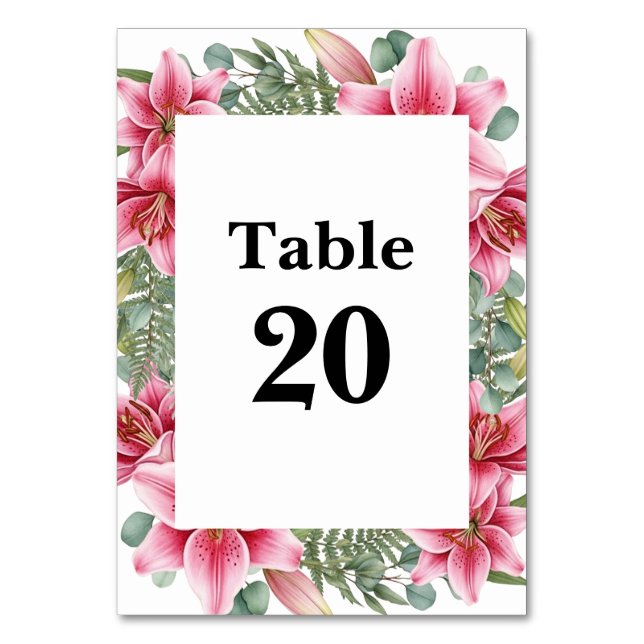Pink Stargazer Lily Wedding Table Number Card (Front)