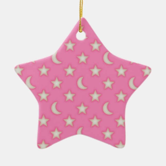 Pink stars and moons pattern ceramic tree decoration (Front)