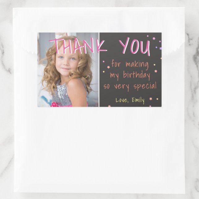 Pink Stars Birthday Thank you Photo Rectangular Sticker (Bag)