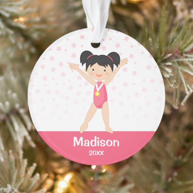 Pink Stars Black Hair Girl Gymnastics Personalized Ornament (Tree)