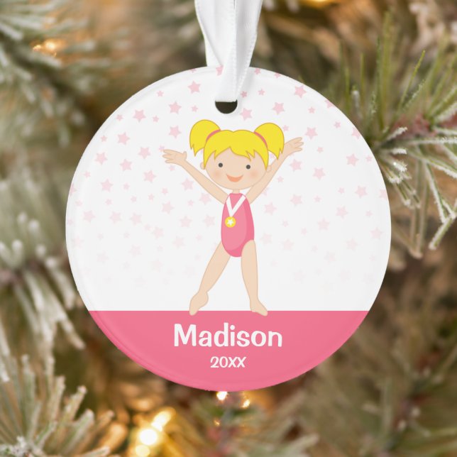 Pink Stars Blonde Girl Gymnastics Personalized Ornament (Tree)