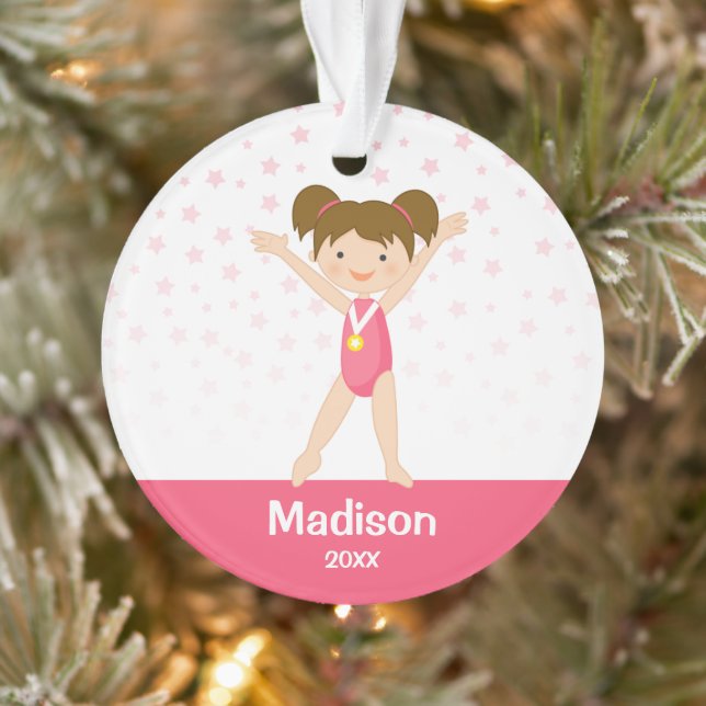 Pink Stars Brunette Girl Gymnastics Personalized Ornament (Tree)