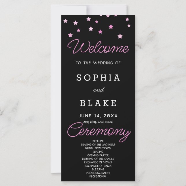 Pink Stars Celestial Black Wedding Program (Front)