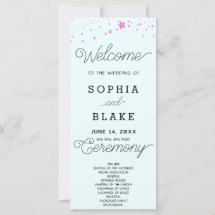 Pink Stars Celestial Light Blue Wedding Program