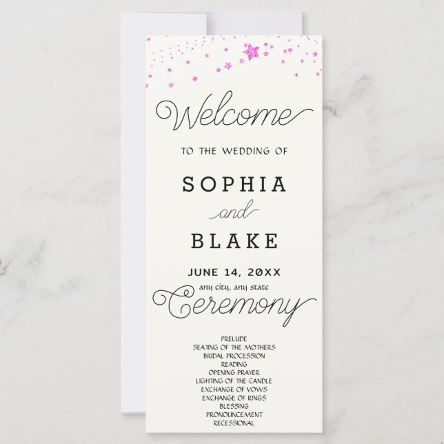 Pink Stars Celestial Off White Wedding Program (Front)