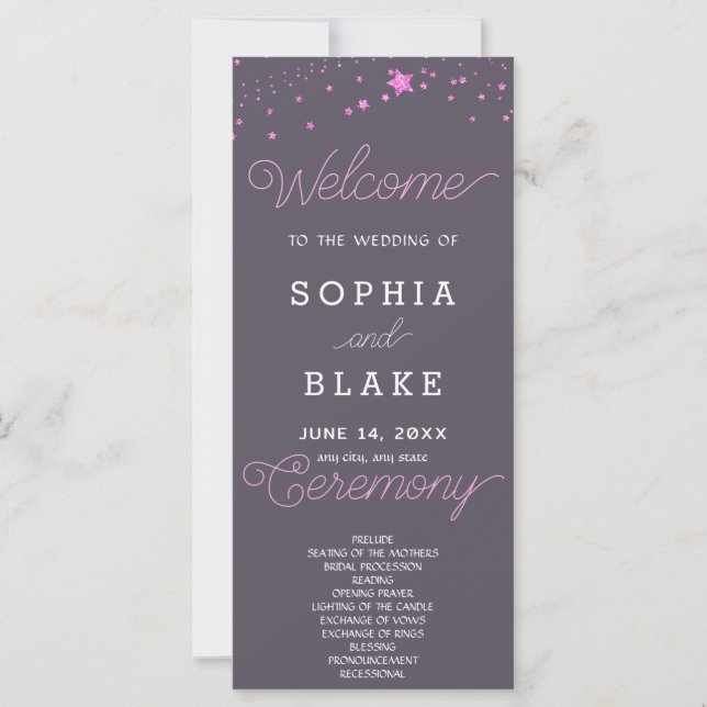 Pink Stars Celestial Smoke Grey Wedding Program (Front)
