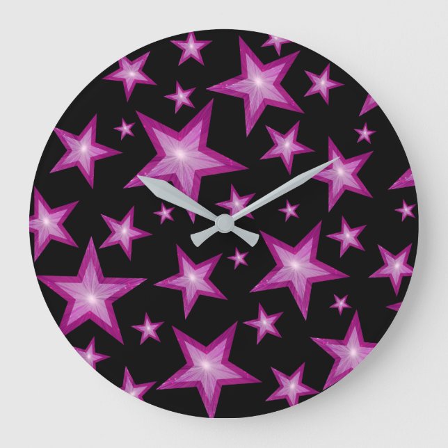 Pink Stars clock round black (Front)