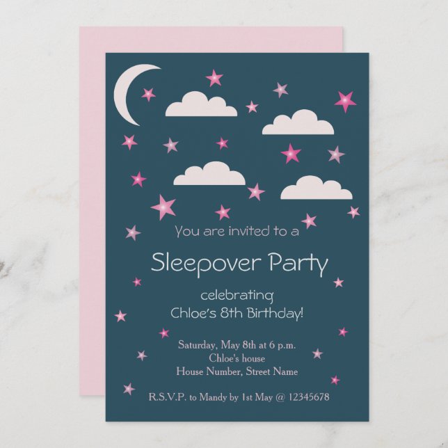 Pink Stars Clouds Blue Birthday Sleepover Party Invitation (Front/Back)