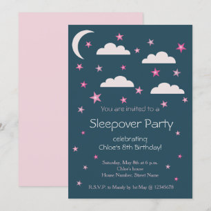 Pink Stars Clouds Blue Birthday Sleepover Party Invitation