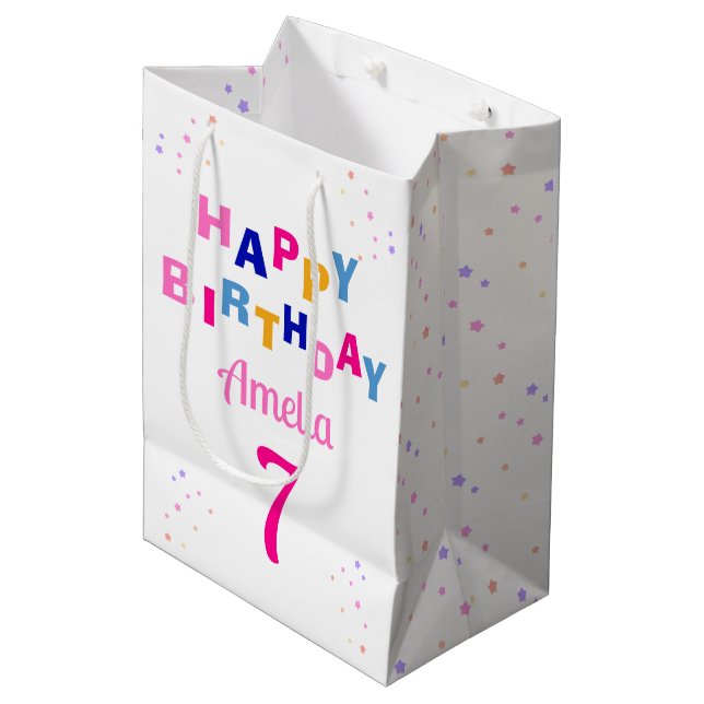 Pink Stars Girl Happy Birthday Medium Gift Bag (Front Angled)
