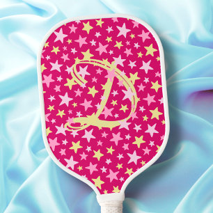 Pink Stars Girly Monogram Initial Modern Elegant Pickleball Paddle