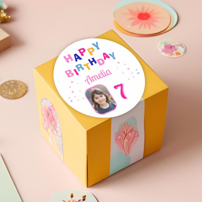  Pink Stars Happy Birthday Party Girl Photo   Classic Round Sticker (Creator Uploaded)