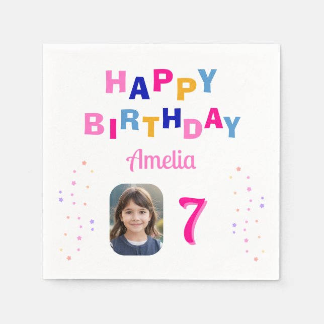  Pink Stars Happy Birthday Party Girl Photo   Napkin (Front)