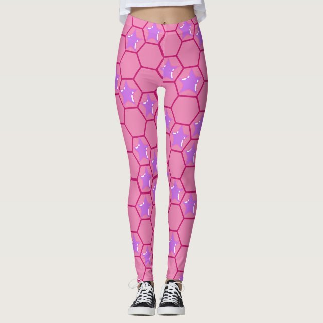 Pink stars in a fuchsia honeycomb leggings (Front)