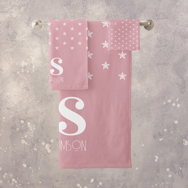 Pink Stars Monogram Bath Towel Set (Creator Uploaded)