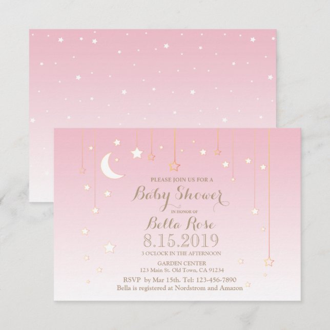 Pink stars moon girl baby shower invitations (Front/Back)
